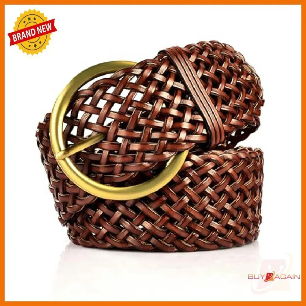 2 Inch Wide Braided Leather Belt with Gold Buckle for Women